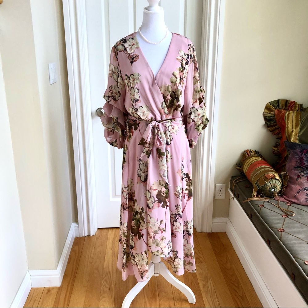 Gabby Skye Midi Dress in Pink Floral with Sharkbite Hem & Ruffled Sleeves (16) - Picture 1 of 8